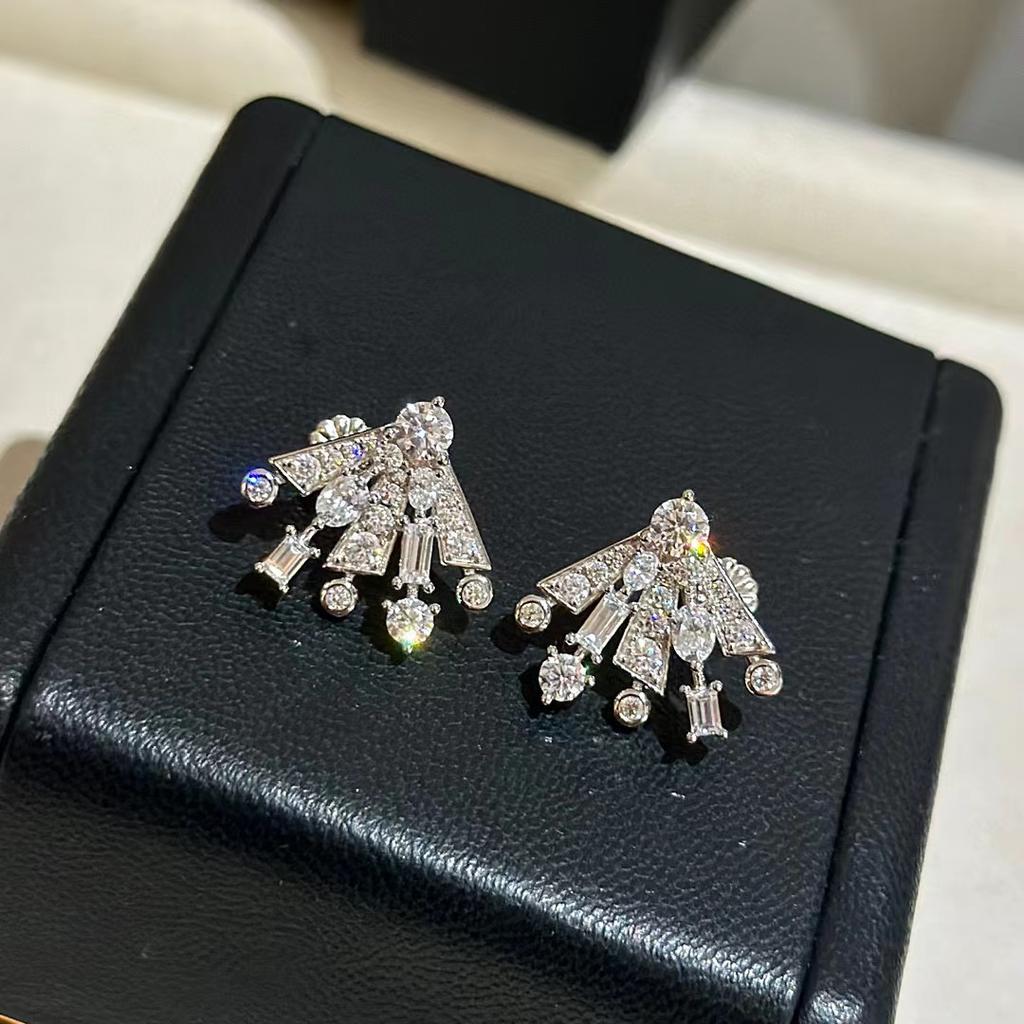 New Vintage 100% Pure 925 Sterling Silver Earrings Pave Aaa Zircconia Fan Shape Ear Stud For Women Luxury Fine Jewelry