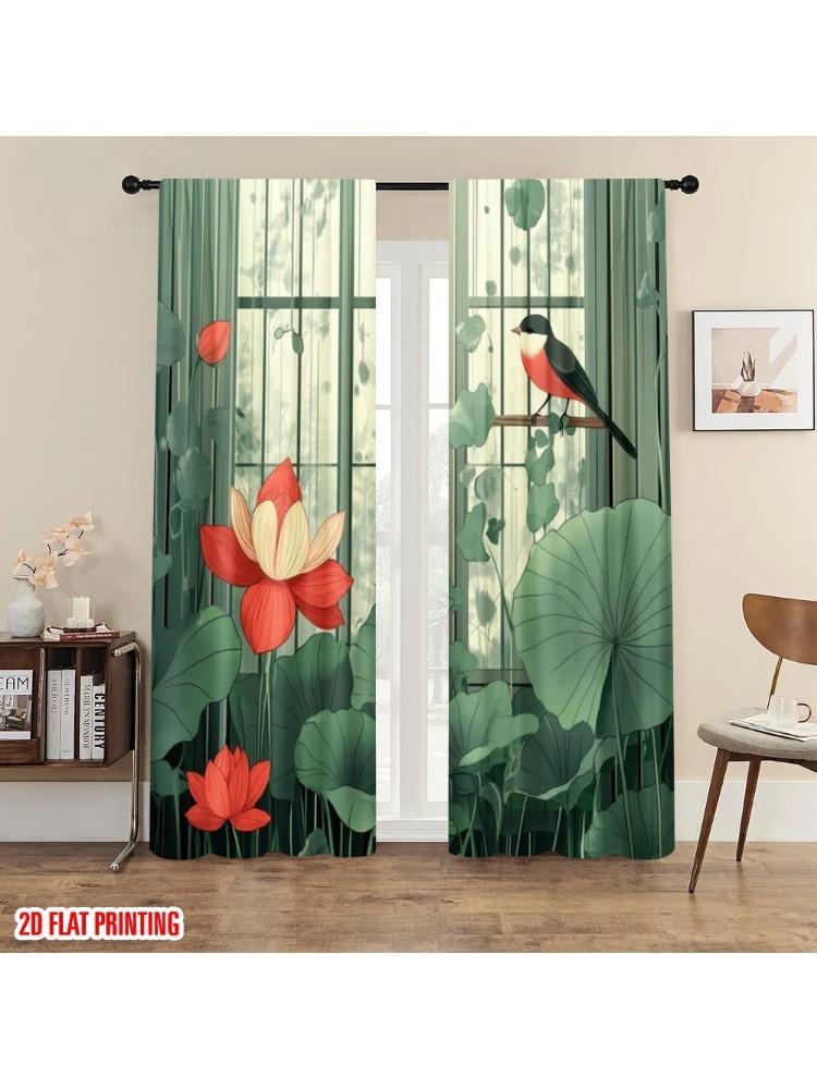 

2pc 2D plane printing Pattern Curtains Lotus Serenity Durable 100% Polyester Fabric (without rod) Versatile All Perfect for 100*130 Rod Pocket 1pcs