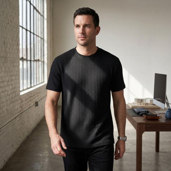 Yousheng Herren Jacquard T-Shirt Einfarbige Rundhals gestreiftes T-Shirt Lockerer Schnitt Lässig Stilvoll Sommer T-Shirt für den täglichen Gebrauch Straße Strand Urlaub