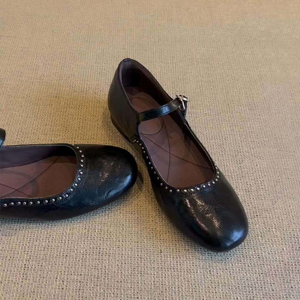 Sheepskin Version~ Spring New Shallow Mouth One-word Buckle Leather Single Shoes Women's Versatile Rivets Flat Bottom Round Head Mary Jane Shoes