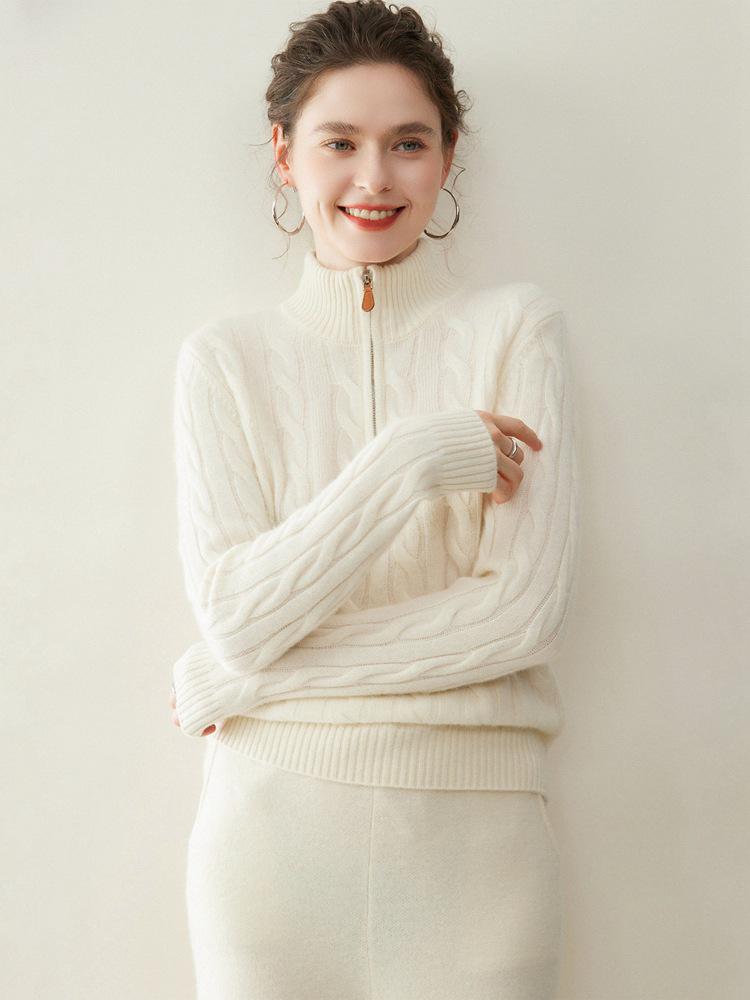 Women's Cashmere Knit Base Layer: Korean Style, Semi-High Neck, Long Sleeves, Half-Zip, Full Body Cable Knit Design. Fashionable & Versatile.