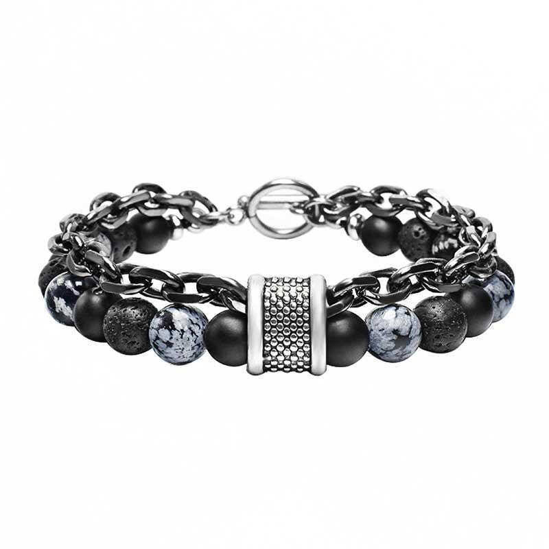 Malachit Kartenstein Herrenarmband - Perlenarmband aus Edelstahl im Retro-Stil - Schmuck