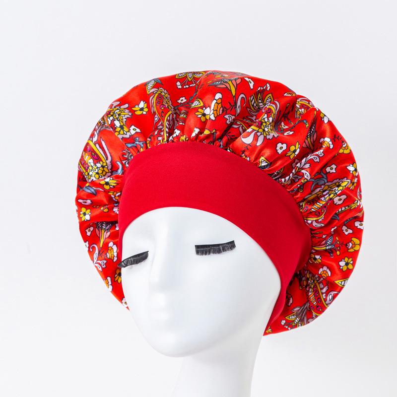 European American Print Satin Sleep Cap - Wide Brim Silky Hair Protection Hat for Women