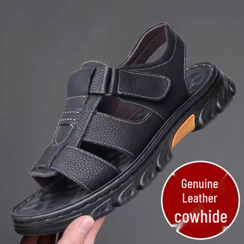 

Men s Plus Size Cowhide Sandals: Breathable, Non-Slip, Waterproof Velcro Beach Shoes for Middle-Aged and Elderly. 44 чёрный