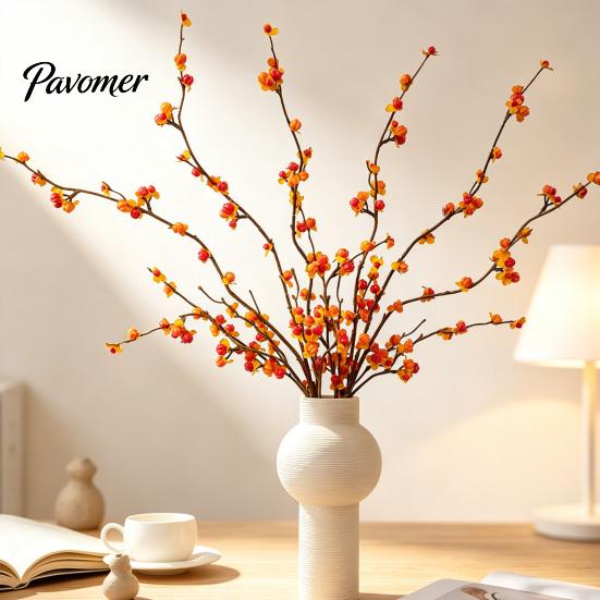 Flexible Faux Berry Stems Long Artificial Bittersweet Branches, Fall for Vase, Plants Fake Orange Berries Vase Branches Thanksgiving Table