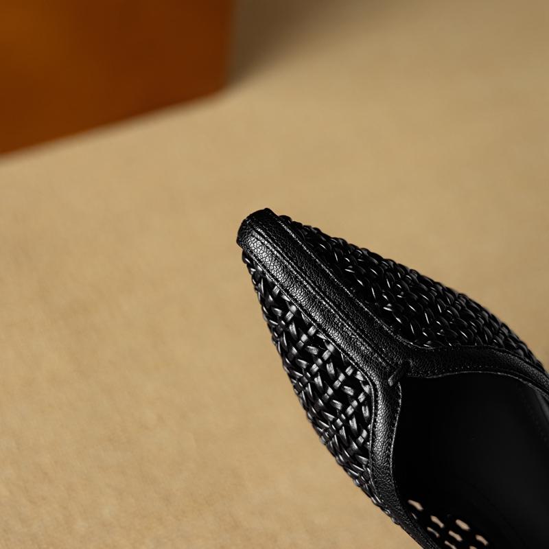 Fashion Women's New Spring and Summer Pointed Leather Cowhide Woven Hollow Breathable Mid Heel Fashion Single Shoes Work Shoes