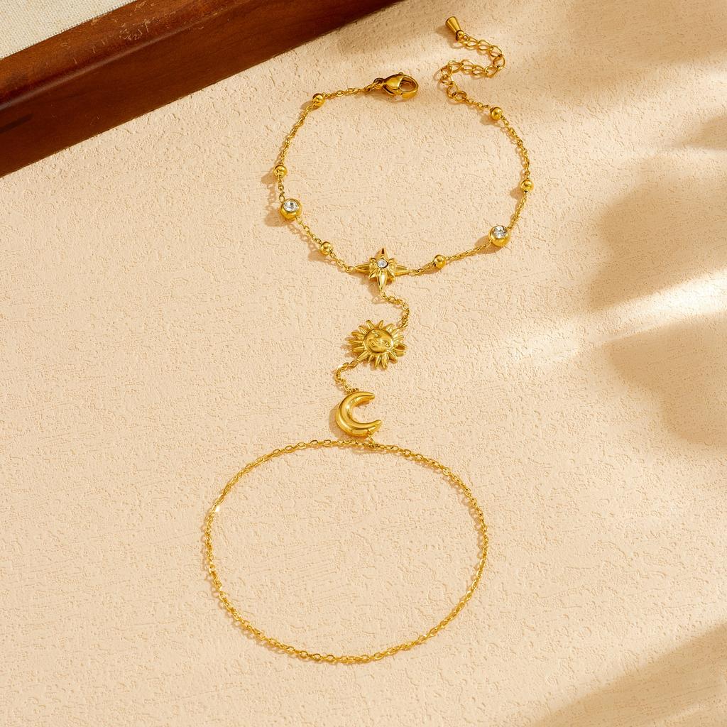 DIEYURO 316L Stainless Steel Exquisite Golden Star Moon Sun Zircon Hand Back Bracelet Women Trend Non-fading Hand Chain Jewelry