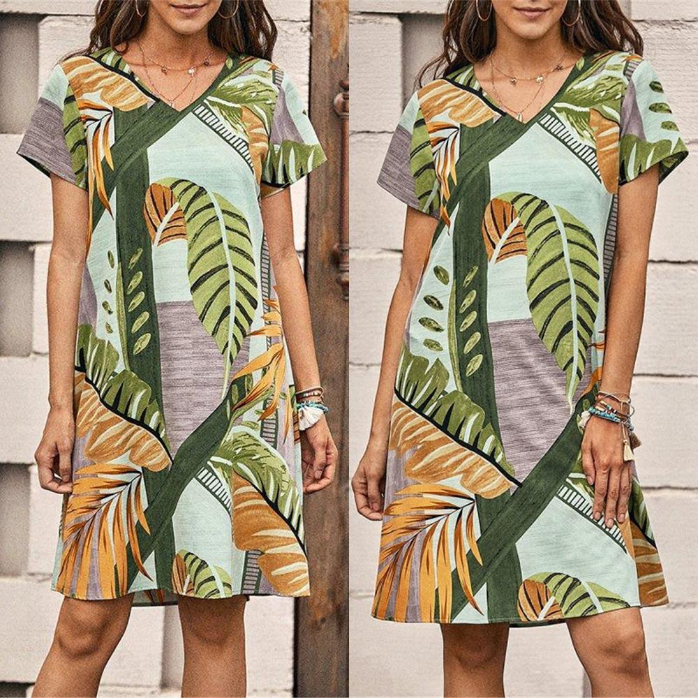 Women's Shift Dress Spring Summer V-Neck Fashion Casual Loose Skirt Floral Printed Short Sleeve Knee Length Dress