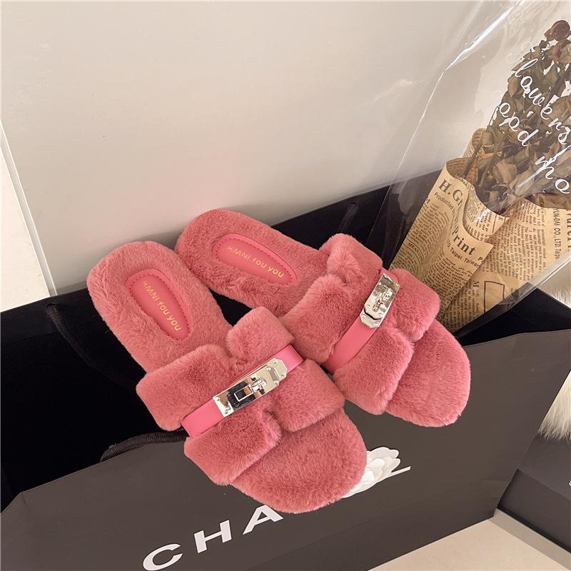2025 Herbst- und Wintermode einfache Gürtelschnalle Internet-Berühmtheit flauschige Hausschuhe Damenbekleidung lässige dicksohlige Ein-Wort-Baumwollschuhe