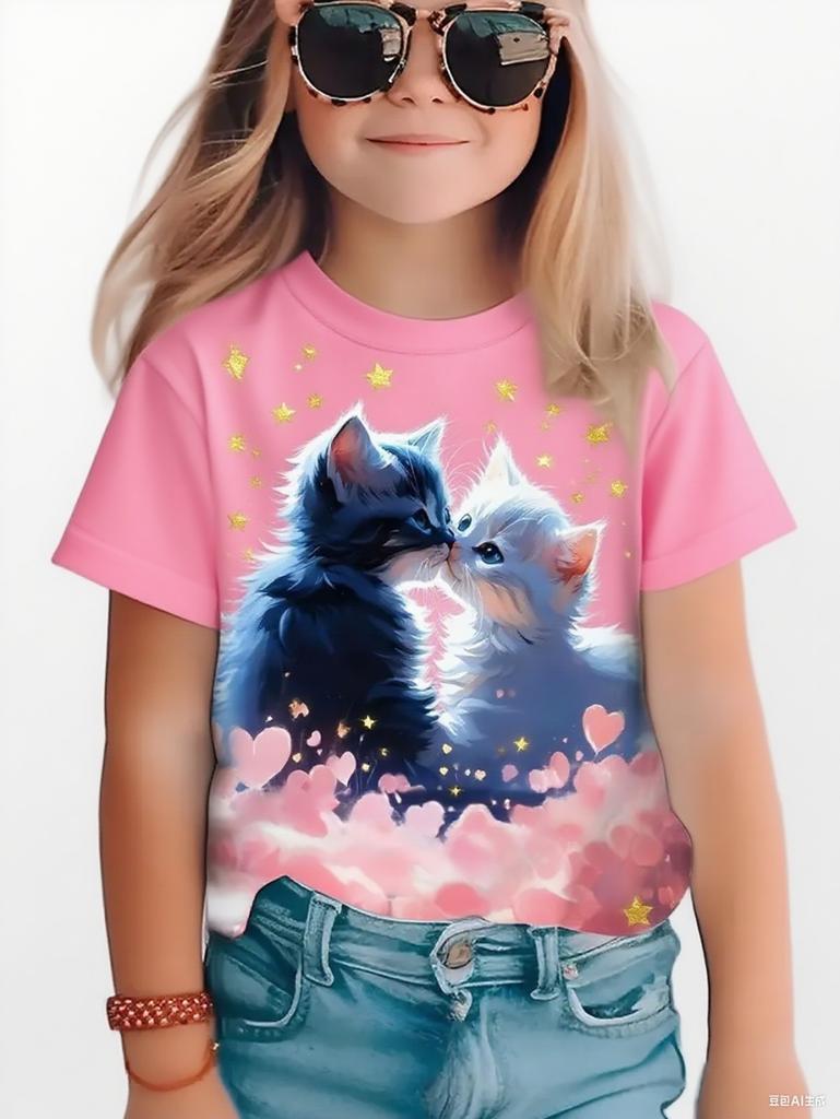 Funny Cat Girl T-Shirt Summer Cartoon Graphic Girl Short Sleeve Tee Casual Round Neck Top Animal Kids Clothing Girl Clothes