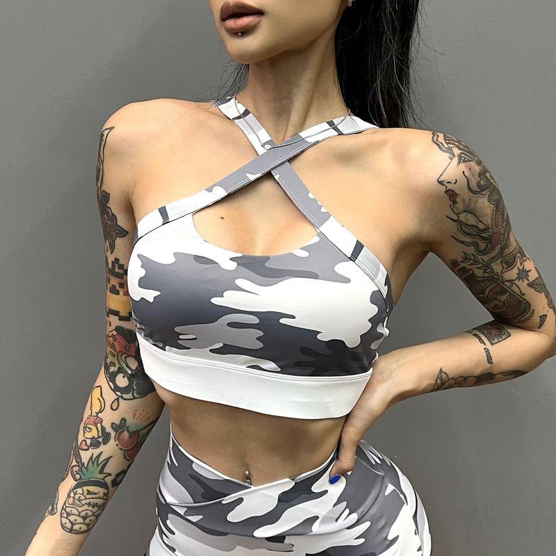 Fashion Camouflage Workout Yoga Bra Women's Quick-Drying Running Sports Nude Feel Adjustable Intimates Elastic Breathable Bubble Wrap