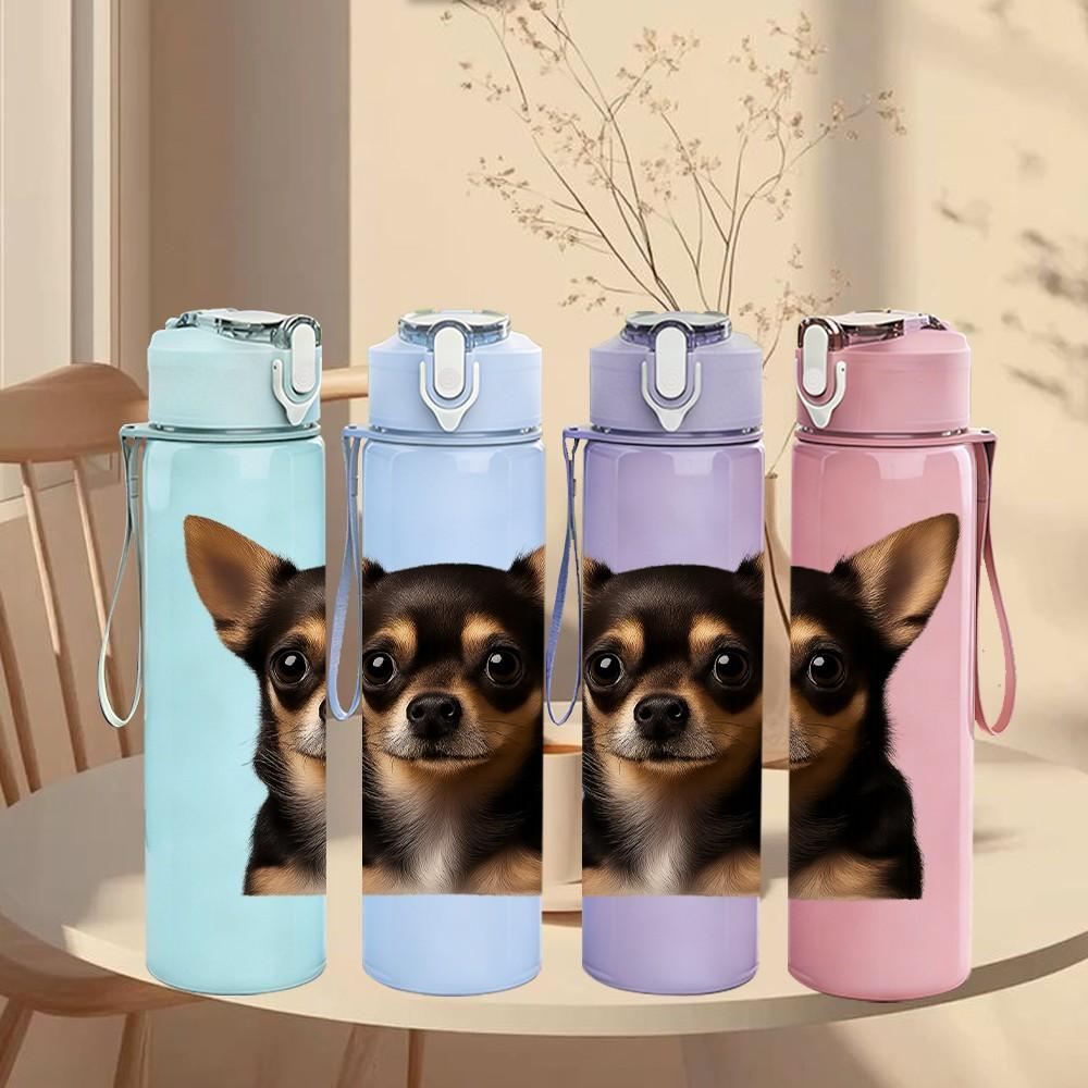 1PC Short Hair Chihuahua Dog 750ml Color Plastic Sports Water Bottle Leakproof Flip Straw Lid Suitable for Sports Office Home Use