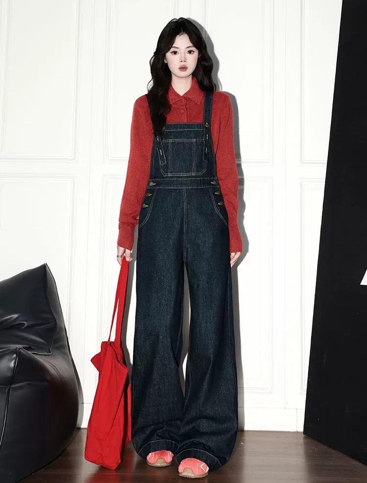 Women's Retro Denim Blue High-Waist Wide-Leg Overalls - Spring/Autumn 2026 Collection