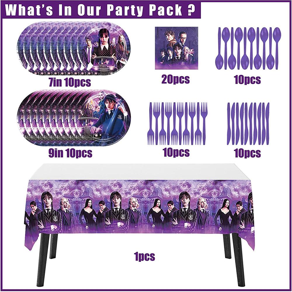 Wednesday Addams Party Tableware Include Plates Cups Napkins Tablecloth Cutlery