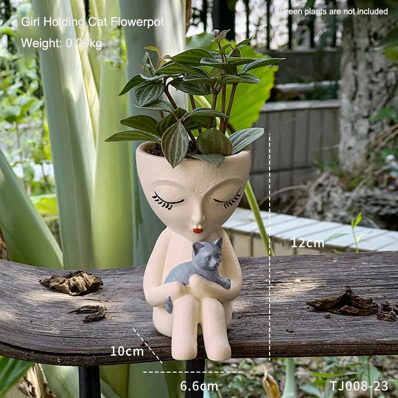 

Simple Sitting Posture Girl Holding Cat Flowerpot Creative Succulent Plant Vase Container Outdoor Courtyard Garden Decoration