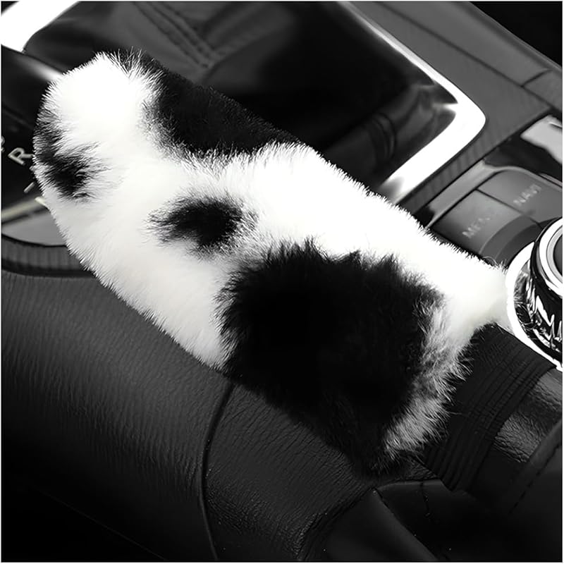 Cow Print Car Accessories Set, Soft Fluffy Plush Cute Cow Steering Wheel Cover & Handbrake Cover, Warm Furry Cow Print Armrest Mat & Shift Gear