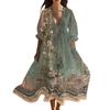 Women's Summer Fashion V-Neck Beach Long Dress Vintage Floral Printed Lace-Up Splicing Dresses