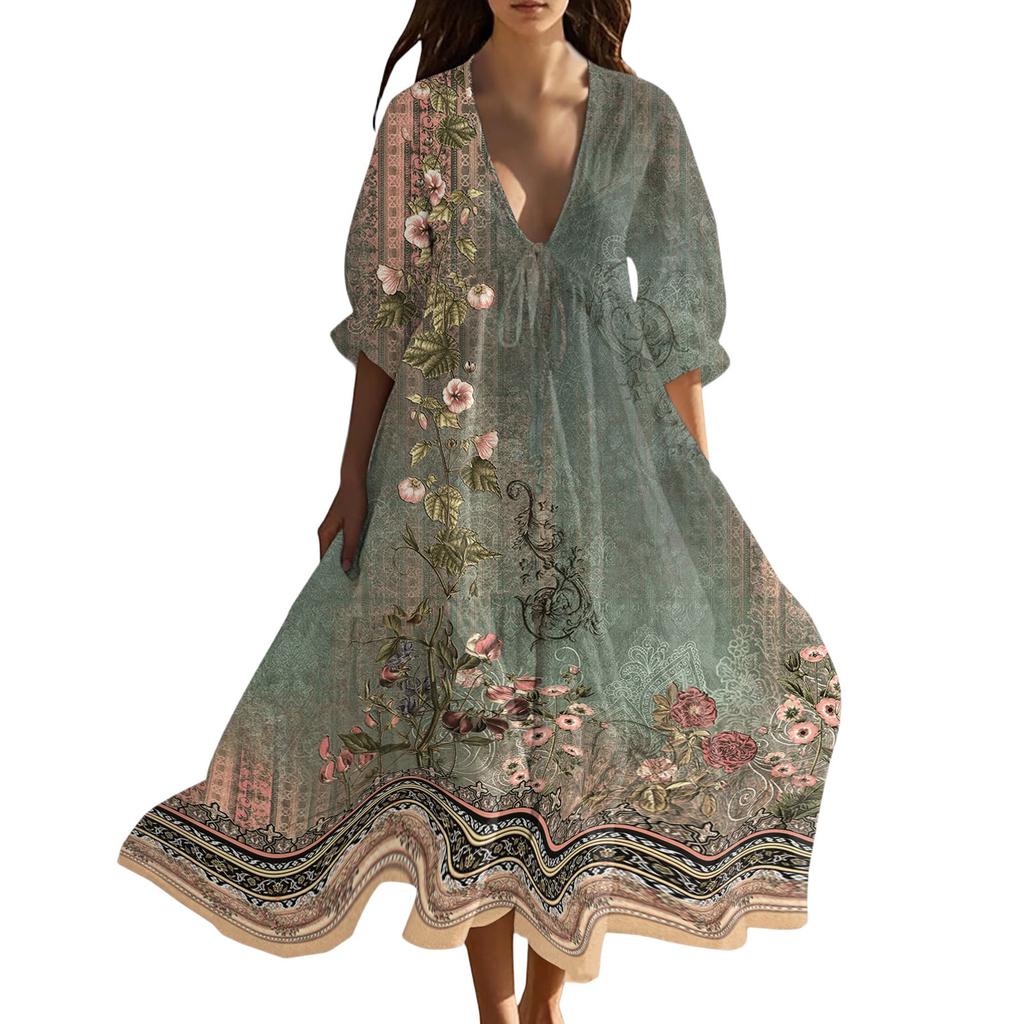 Women's Summer Fashion V-Neck Beach Long Dress Vintage Floral Printed Lace-Up Splicing Dresses