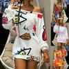 FiveFive Spring and Autumn Round Neck Tie-dye Print Long-sleeved Loose Dress Waist Drawstring Adjustable
