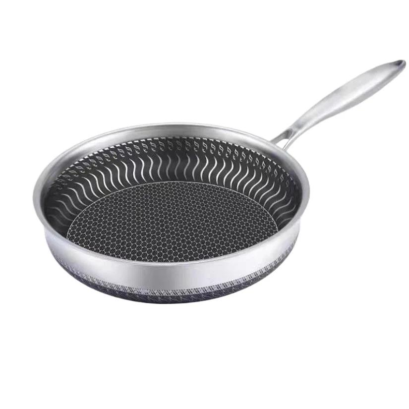 Frying Pan with Glass Lid 26/28cm Stainless Steel Honeycomb Skillet Uncoated Kitchen Cookware Induction Cooker Gas Stove Fry Pan