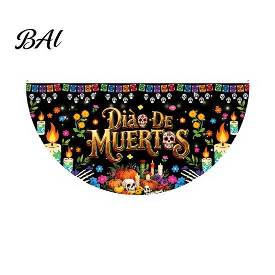 Sugar Skull Fan Flag Day of The Dead Bunting Banner, Marigold Print Fiesta Mexican Festival Home Ornament Hanging Flag, Colorful Outdoor Yard