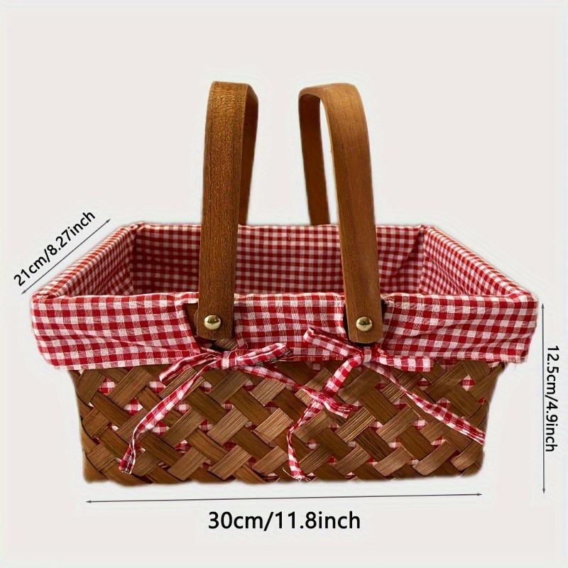 1pc Handwoven Basket - Multi-Purpose Rectangular Storage with Red-White Checkered Lining & Sturdy Frame, Durable Fabric
