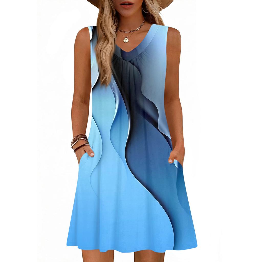Women's Fashion Printed Summer Sleeveless V-neck Tank Top Pocket Casual Loose Dress