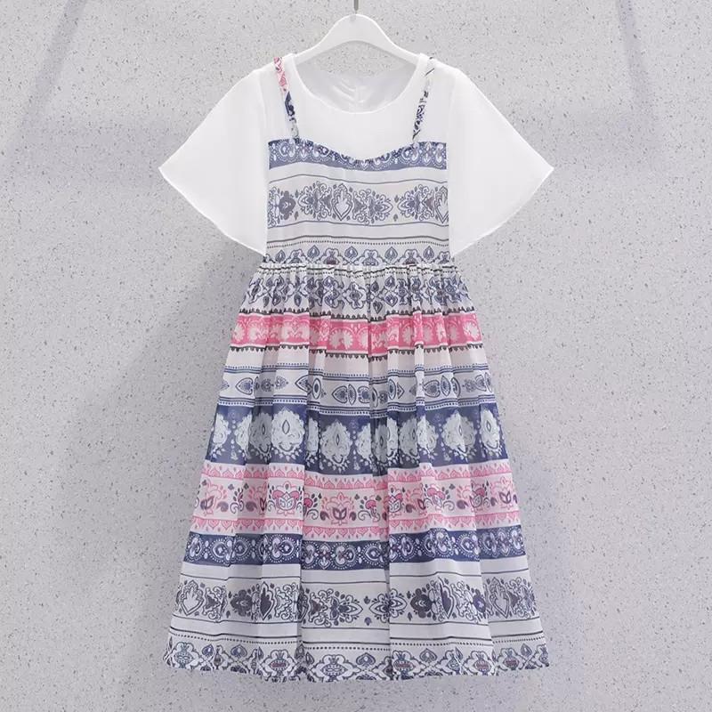 Girls Summer Fashion Fake Two Piece Strap Dress Middle Big Kids Princess Chic Dress 120cm розовый