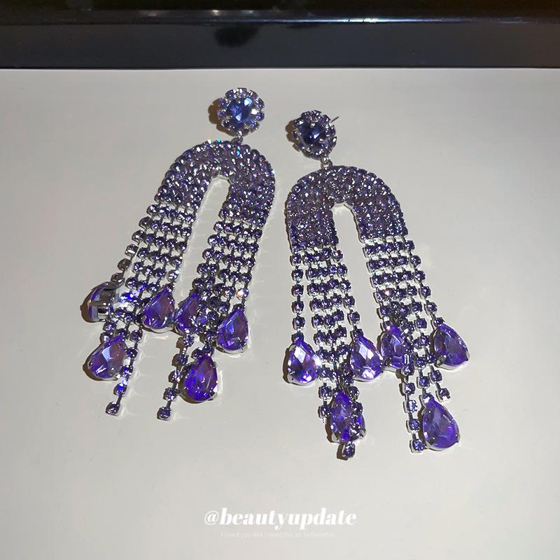 Elegant Rhinestone Teardrop U-Shaped Tassel Earrings for Women - Exquisite, High-End, Fashionable Statement Jewelry