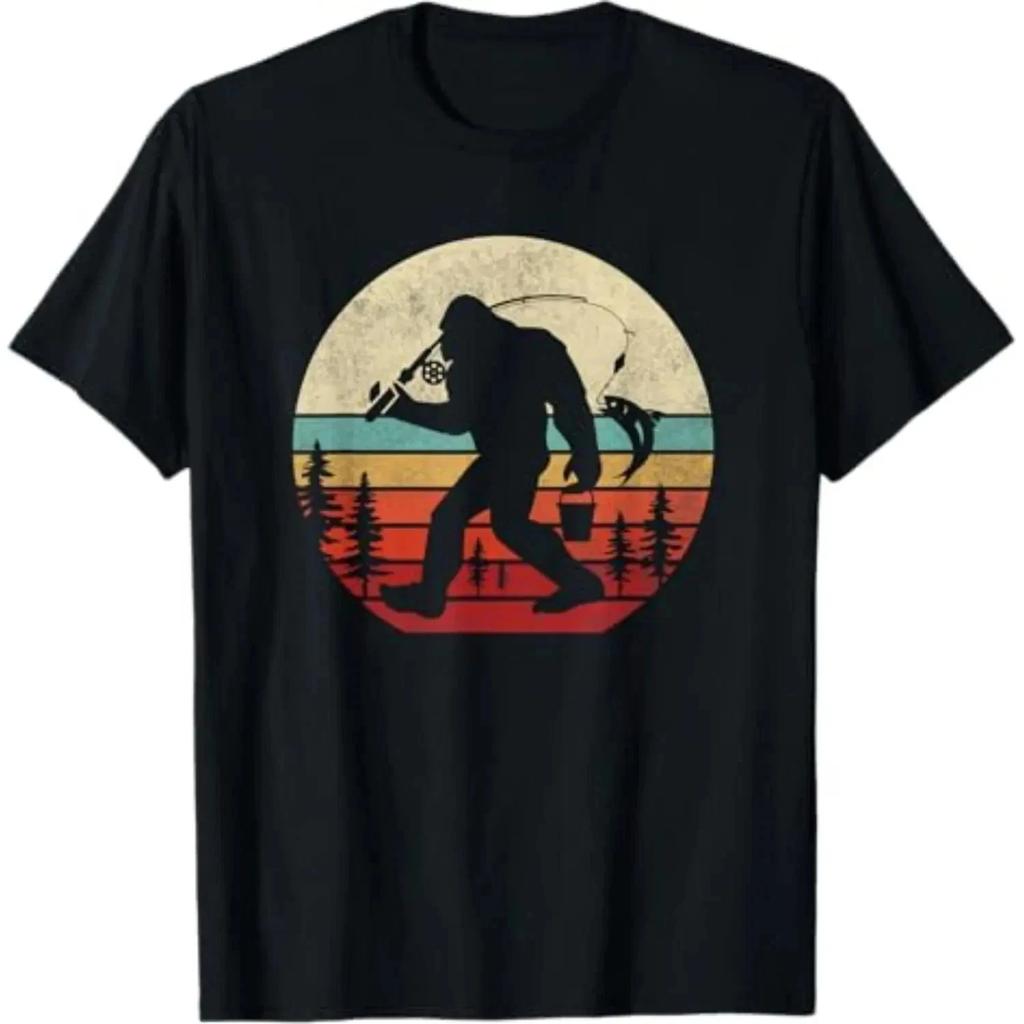 100% Cotton Summer T Shirts Bigfoot Fishing Funny Retro Sasquatch Dad Men Kids