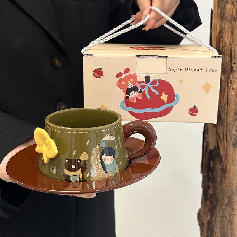 High-value Retro Relief Butterfly Ceramic Coffee Cup and Saucer Set Afternoon Tea Latte Mug Souvenir Gift Box no specifications
