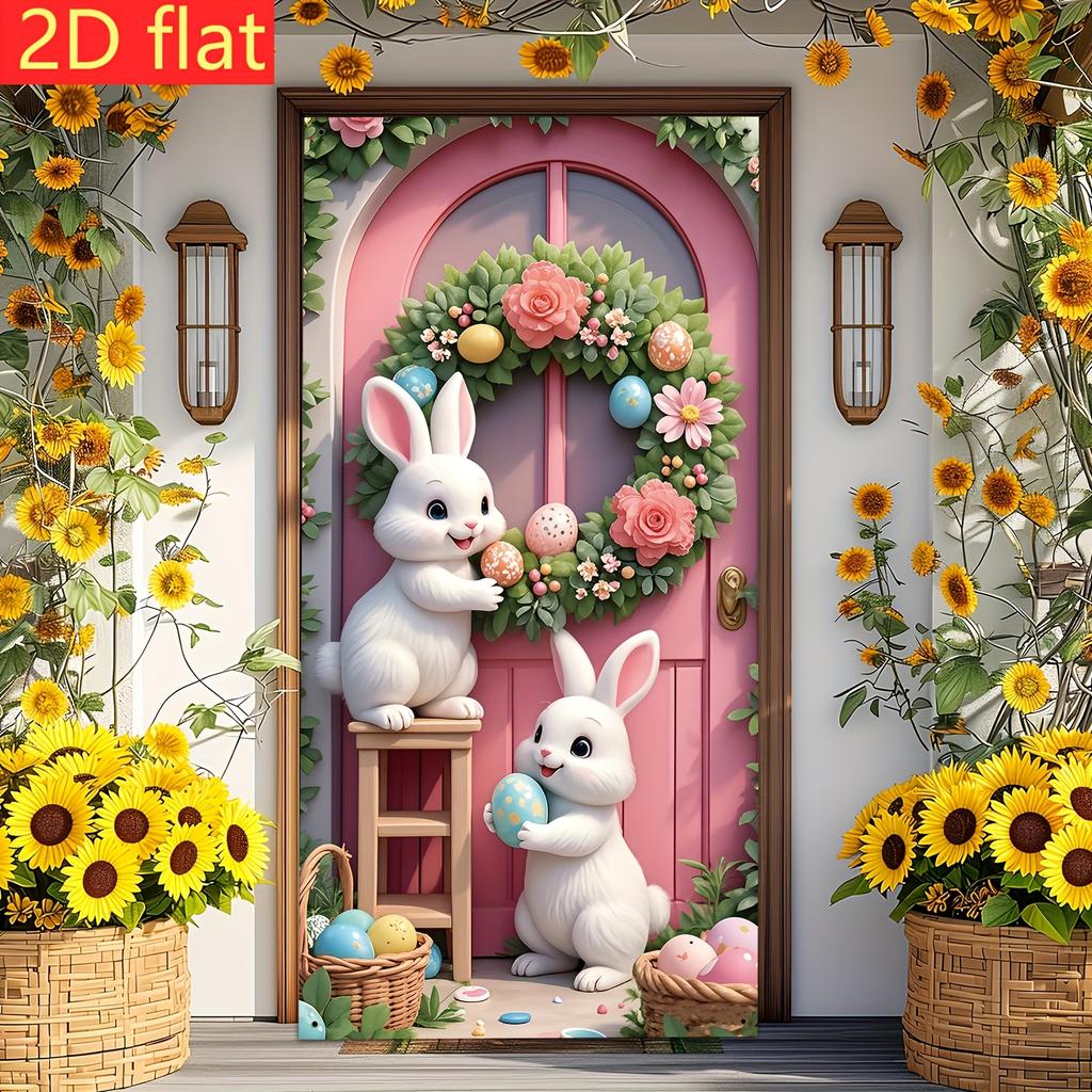 Happy Easter Door Cover Pink Bunny Easter Egg Wreath Design Hanging Banner for Indoor Outdoor Porch Decor Background Gift