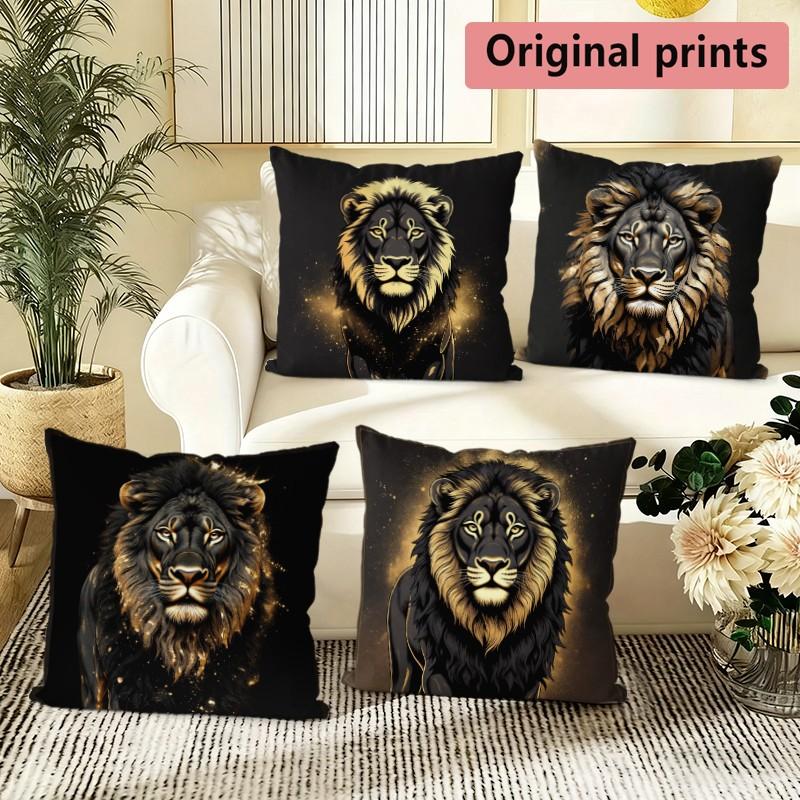 Luxury Black Gold Lion Throw Pillow Covers Pattern Cushion Cover Suitable for Sofa Bedroom Car Pillow Cover