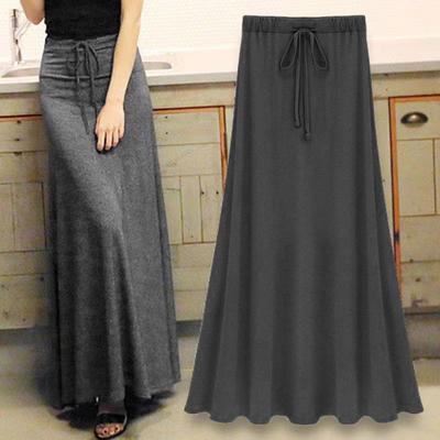 Women Maxi Skirt Adjustable Drawstring High Waist Side Slit Large Hem Long