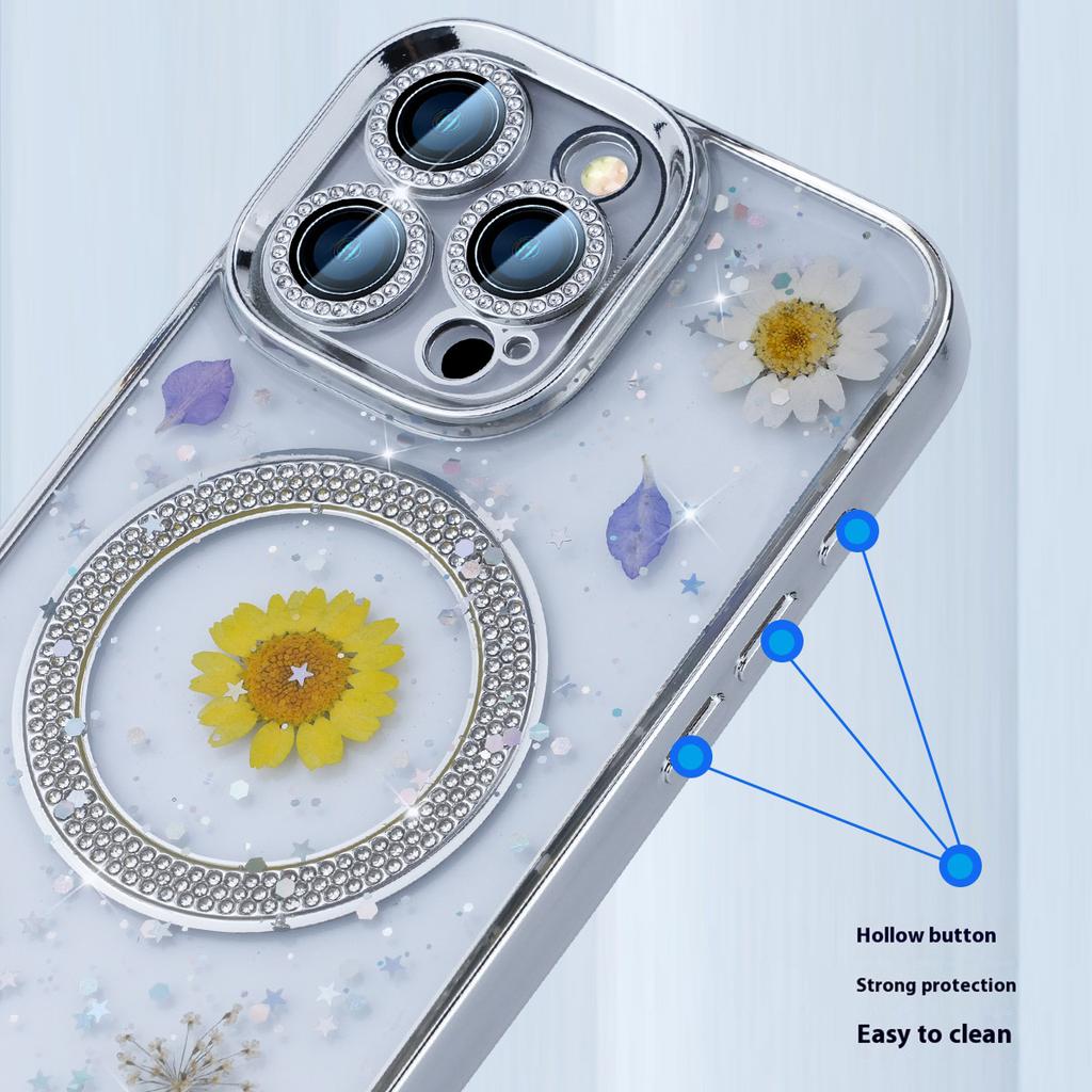For iPhone 16 Pro Max Magnetic Case PC+TPU Epoxy Real Dried Flower Phone Cover