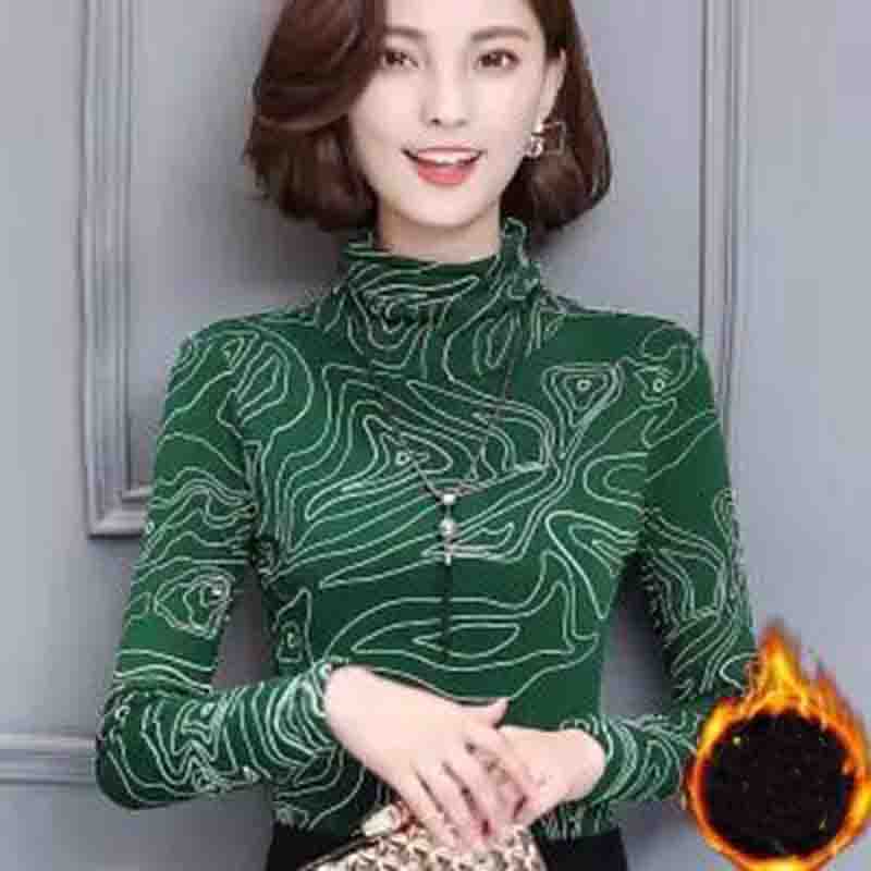 

Плюс бархатная толстая рубашка с высоким воротником, женская зимняя модная универсальная тонкая футболка с длинными рукавами и принтом, топ S