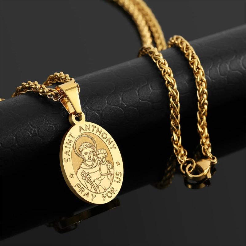 Stainless Steel Saint Anthony Medal Pendant Necklace For Men Fashion Jewelry