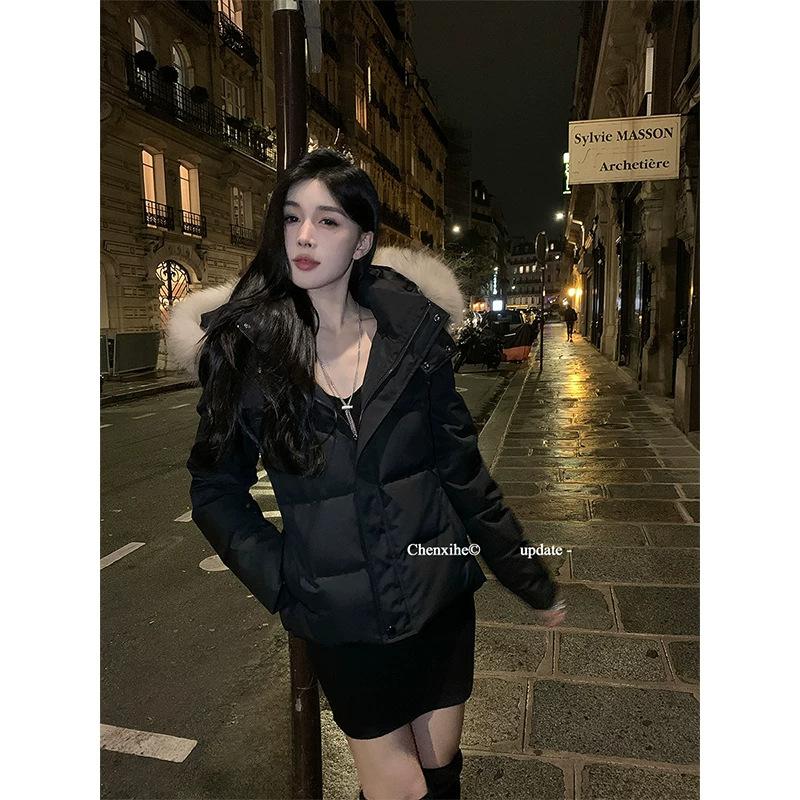 Down jacket women's new short big fur collar waist slim fit small white duck down thickened winter coat