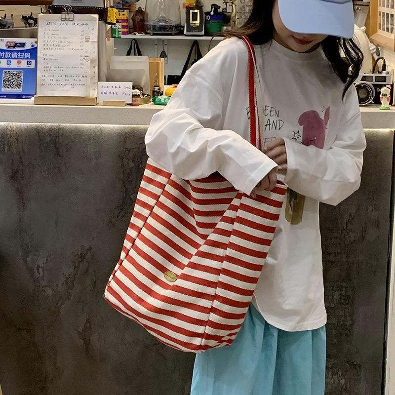 Niche High-value Double-sided Striped Canvas Bag, New Large-capacity Casual Versatile Commuter Shoulder Tote Bag