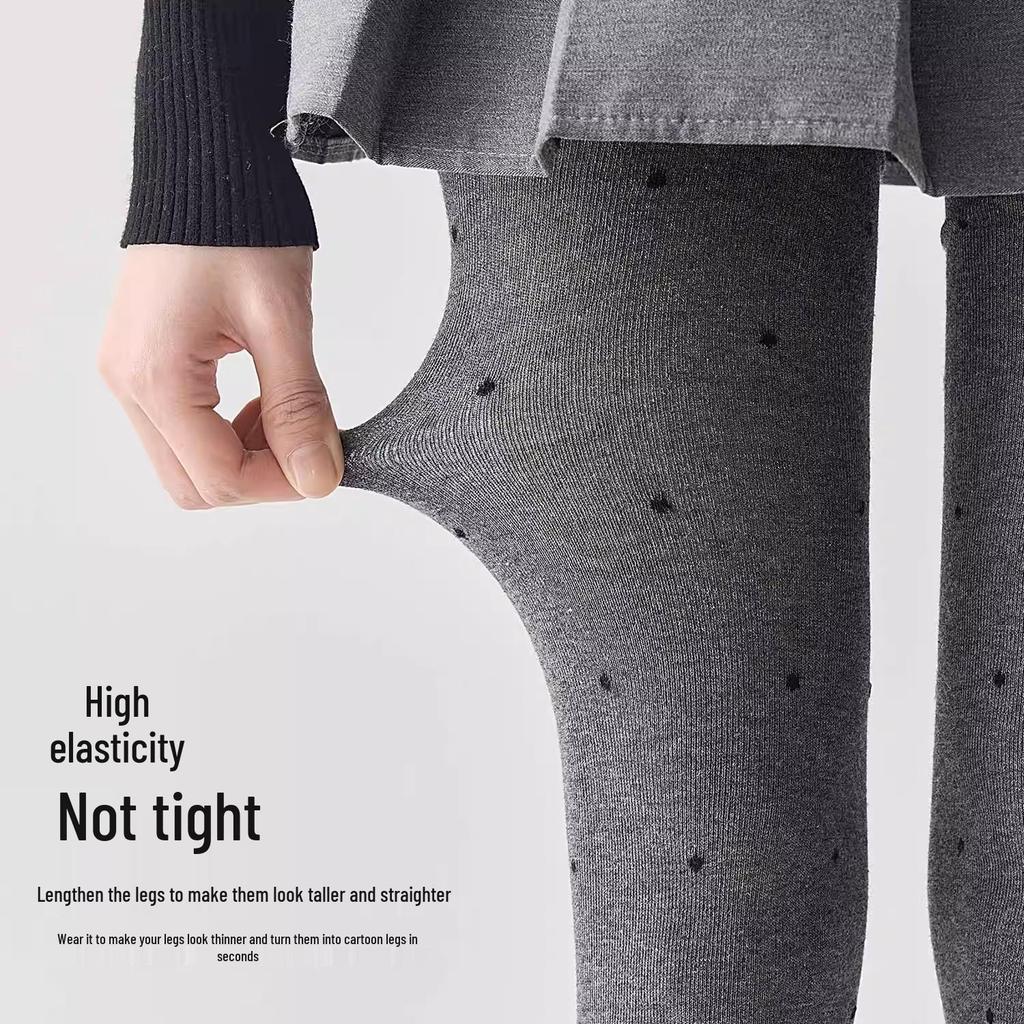 Women's Gray Polka Dot Fleece-Lined Leggings - Autumn/Winter Slimming Vertical Stripe Thickened Pantyhose