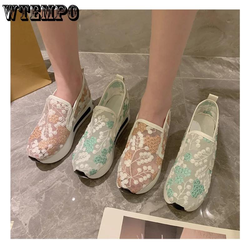 WTEMPO Big Size Womens Fashion Footwear Floral Embroidery Mesh Sneakers Ladies Slip on Comfy Heeled Shoes Wholesale Dropshipping