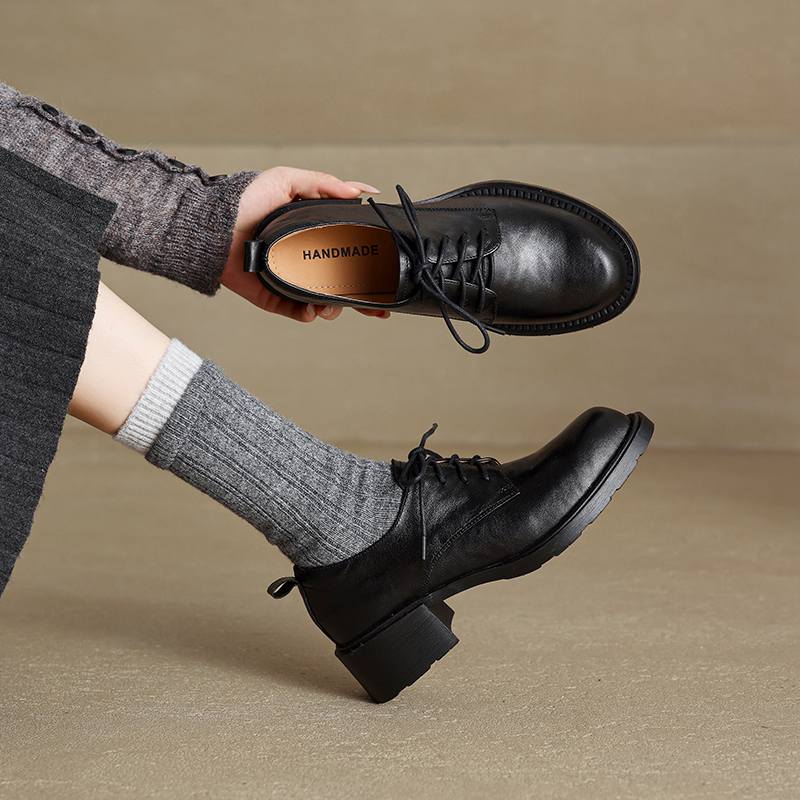 Krazing Pot Pelle di Pecora Punta Tonda Tacco Medio Allacciatura Scarpe Primavera Autunno Taglia Grande 41 Oxford Donna Pumps