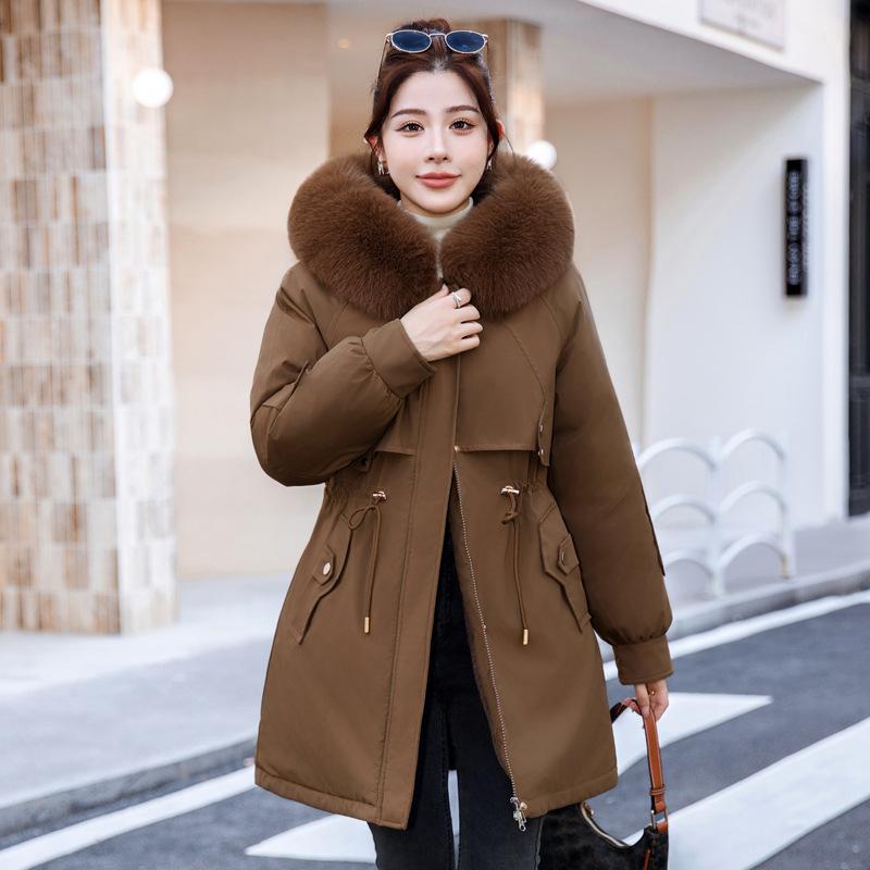 Winter Clothing with Large Fur Collar, Medium To Long Style, Overcoming Cotton Jacket, Women's Fashionable Plus Velvet Cotton Jacket