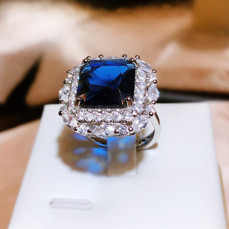 CopperNew Luxury Set Princess Square Diamond Opening Ring Women's Fashion Tanzanite Sapphire Engagement Ring