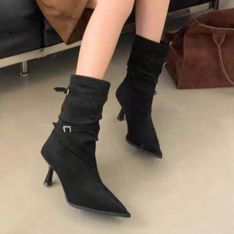 2025 Fashion Slim Heel Single Boots Pointed Toe Suede Metal Buckle Anti-Slip Wear-Resistant High Heel Booties