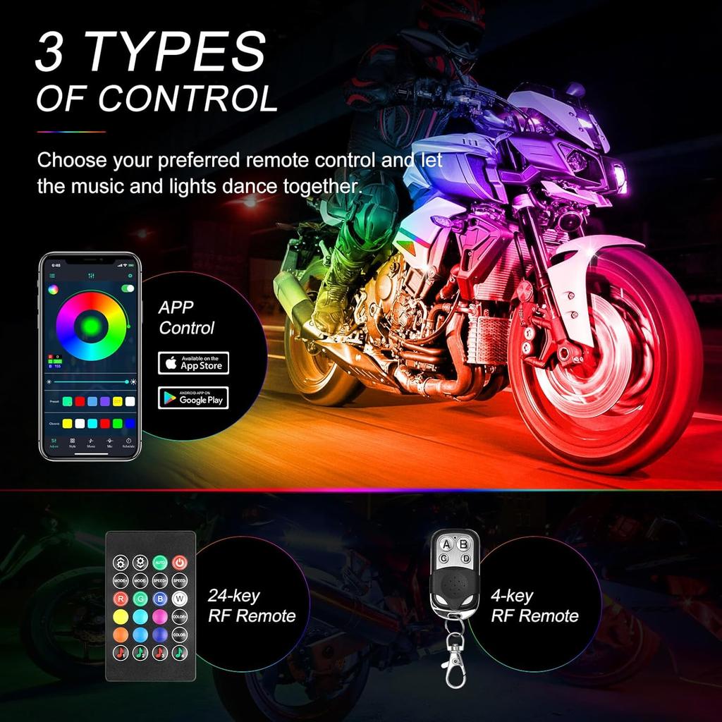 Motorcycle LED Underglow Kit, ICICAR 12 Pcs APP Control RGB Chasing Mode 16 Million Color Dual Remote Music Mode IP68 Waterproof Led Lights,