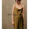 Spring New Women's Clothing Pleated Drape Effect Collar with Belt Silk Satin Texture Midi Skirt Sling Dress 2303331