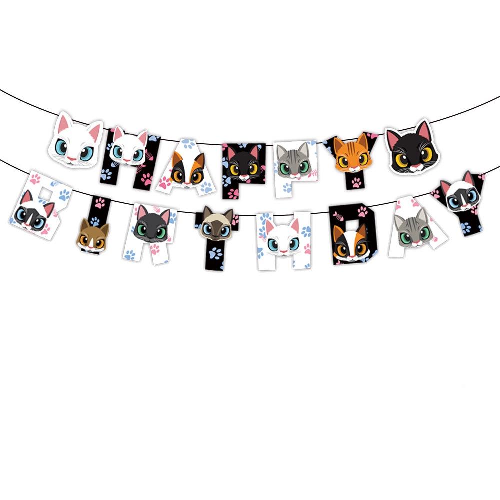 Cute Black And White Cat Birthday Party Supplies Set Cake Topper Flag Balloons And Hanging Decorations Included!