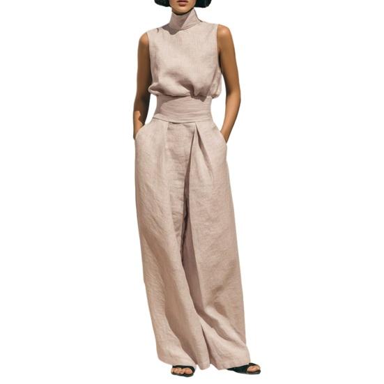 Women s Faux Linen Summer 2 Piece Outfit Sleeveless Stand Collar Top And Wide Leg M розовый