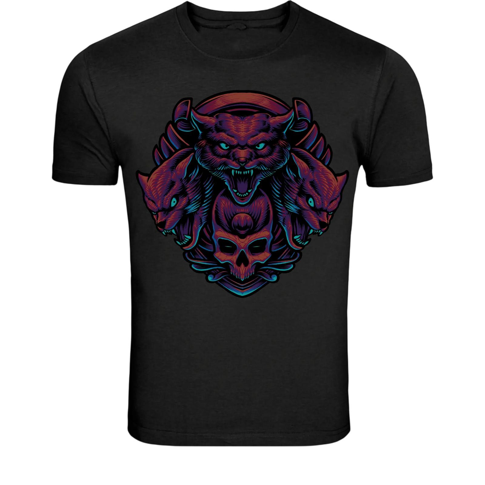 Three Head Wolf Skull T-Shirt - Dark Fantasy Beast Graphic Tee M